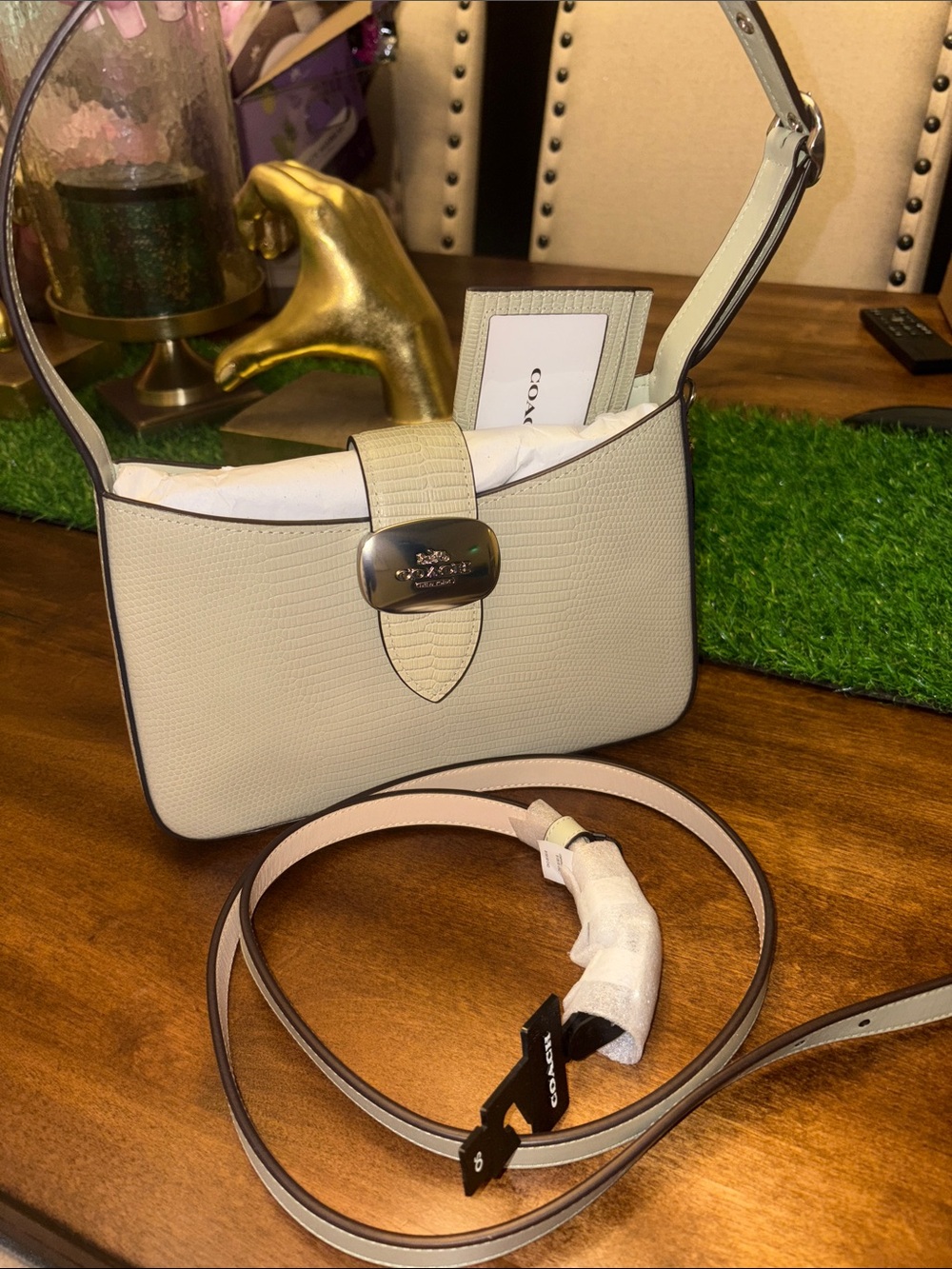 Coach Light Green Pebble Leather Crossbody with Silver-Tone Hardware and Belt